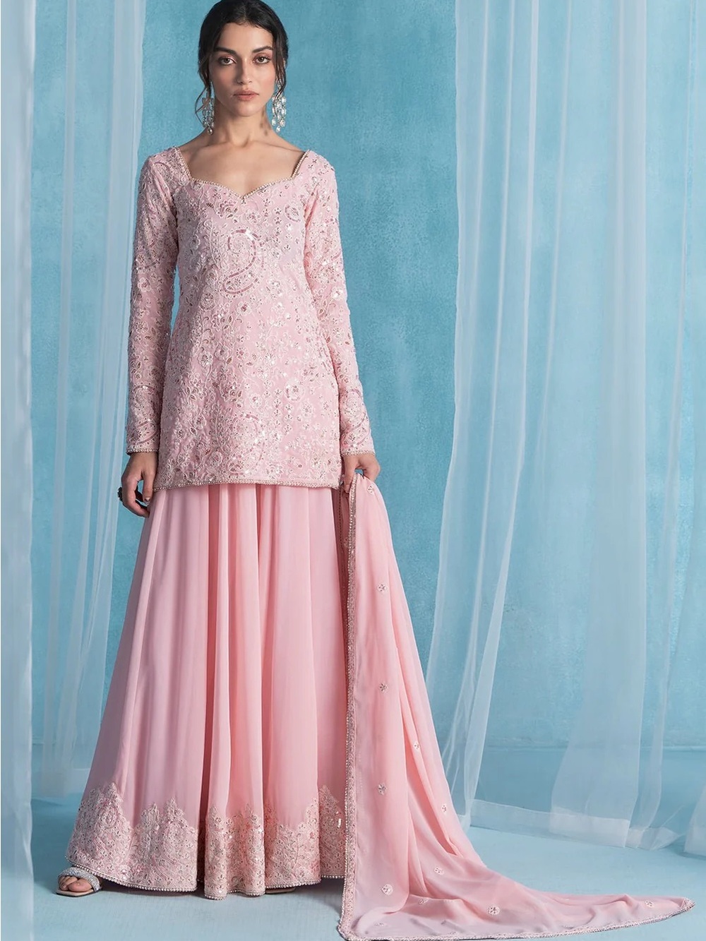 Light Pink Embroidered Lucknowi Sharara Suit